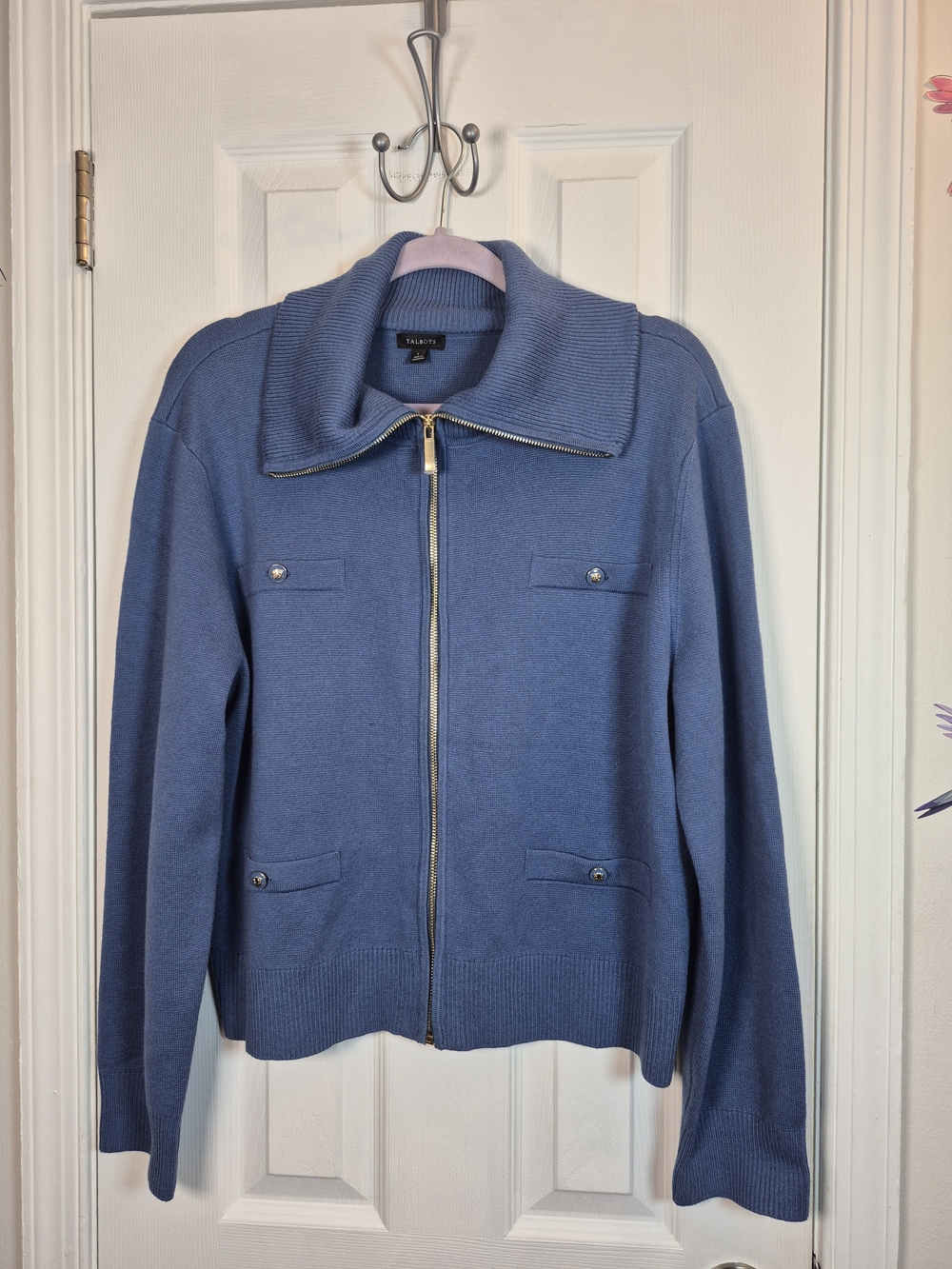 Talbots Blue Full Zip Cardigan Sweater Gold Accent Button Pocket Knit Jacket L